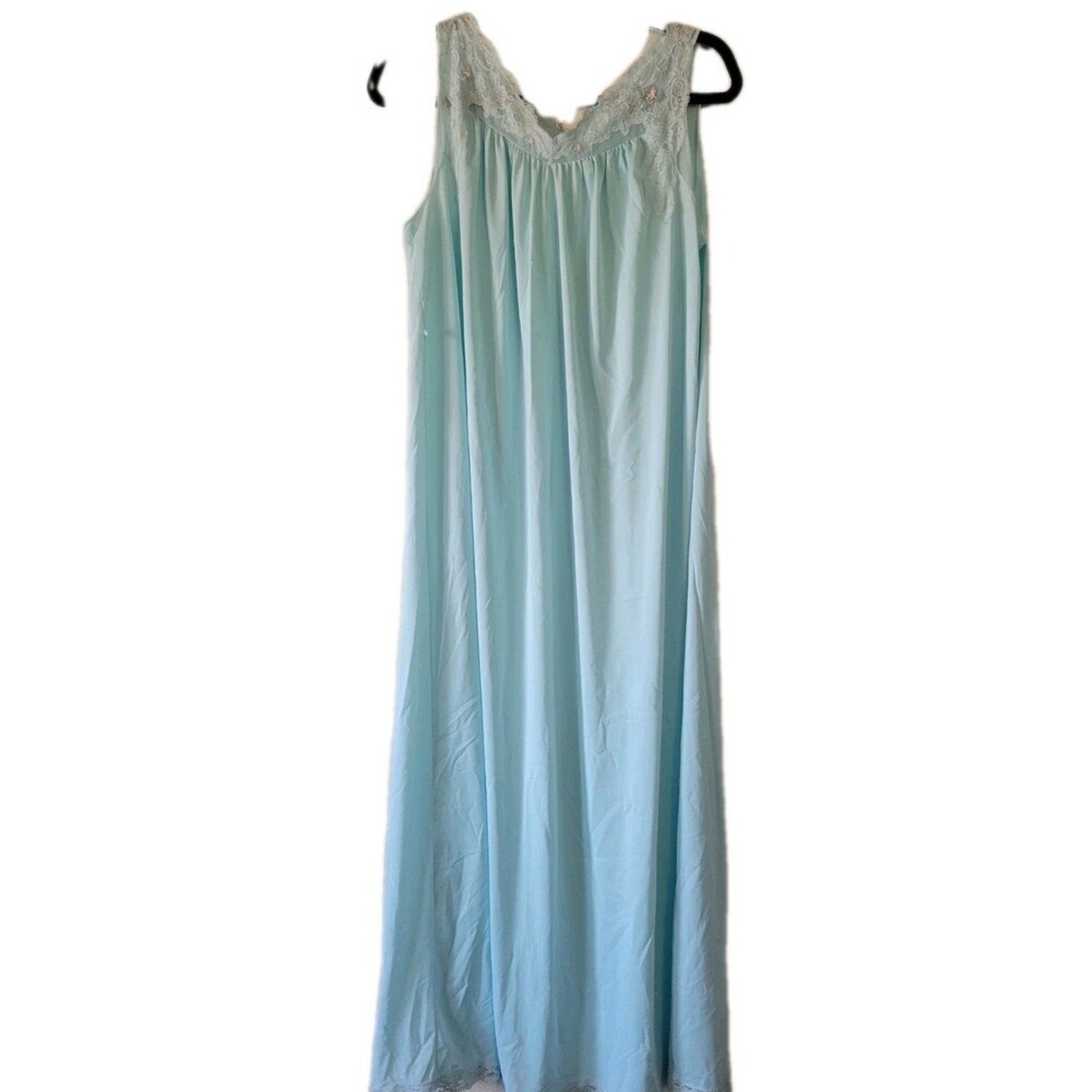 VTG Shadowline 41” Nightgown Blue Nylon Rose Bud Lace V Neck Semisheer Size M
